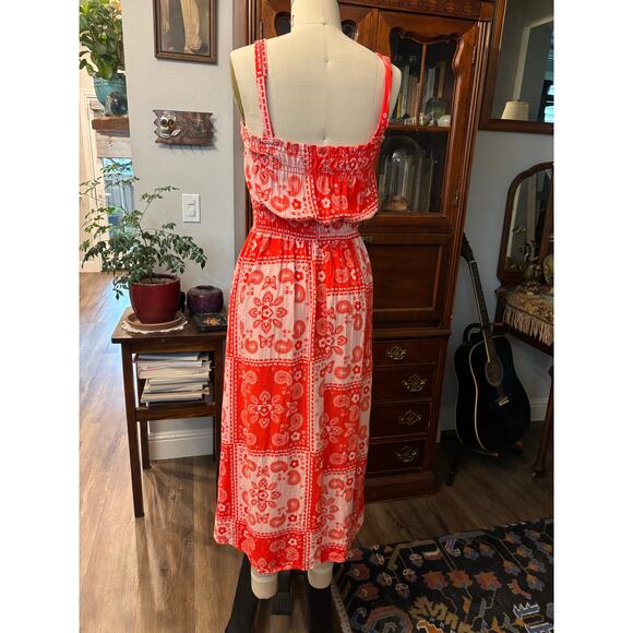 Lisa Says Gah Bandana print pink red smocked dress small linen - Picture 4 of 9